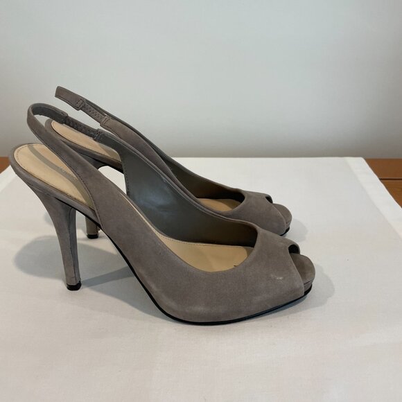 Nine West Grey Suede Peep Toe Sling Back Platform Pumps - Picture 2 of 8